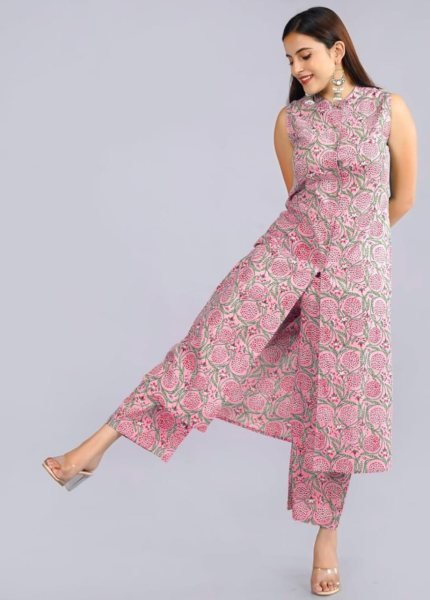  Summer Ethnic Wear in Blue   Pink Ready to Wear Kurti Palazzo Set  Cotton Kurtis Wholesale