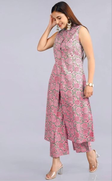  Summer Ethnic Wear in Blue   Pink Ready to Wear Kurti Palazzo Set  Cotton Kurtis Wholesale