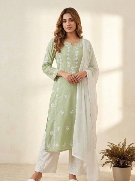 Summer Wear Pista Kurti Set with Embroidery Work and Palazzo 