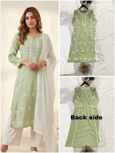 Summer Wear Pista Kurti Set with Embroidery Work and Palazzo Embroidery Kurtis 