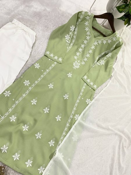 Summer Wear Pista Kurti Set with Embroidery Work and Palazzo Embroidery Kurtis 