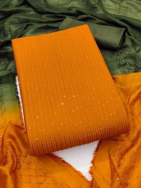 Sun Aura Orange Chanderi Unstitched Suit with Sequin Embellishment Best for Festive Wear  Dress Material 