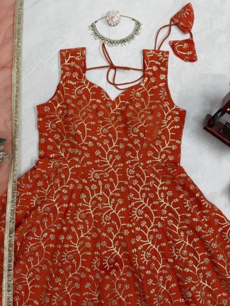 Sun Kissed Orange Georgette Party Wear Embroidered Gown With Plazzo And Dupatta Ready To Wear Collection