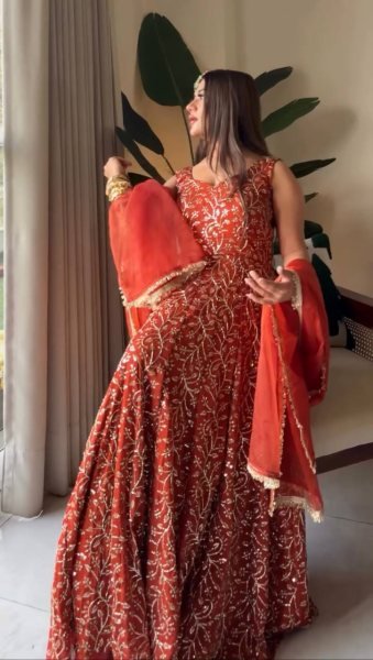 Sun Kissed Orange Georgette Party Wear Embroidered Gown With Plazzo And Dupatta Ready To Wear Collection