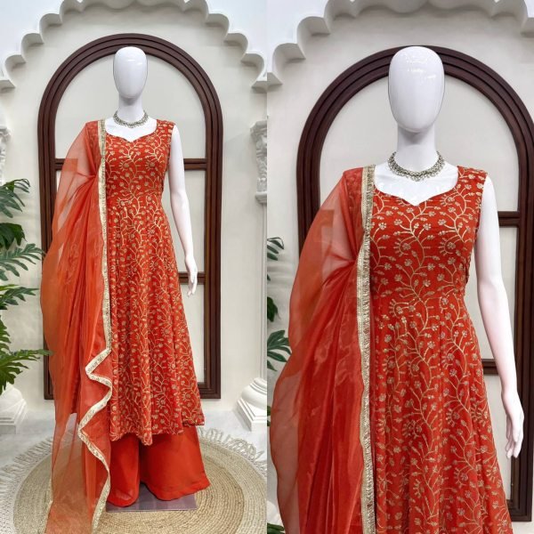Sun Kissed Orange Georgette Party Wear Embroidered Gown With Plazzo And Dupatta Ready To Wear Collection