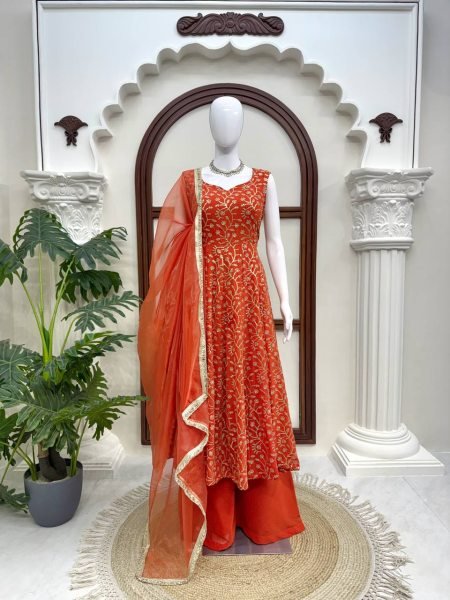 Sun Kissed Orange Georgette Party Wear Embroidered Gown With Plazzo And Dupatta Ready To Wear Collection