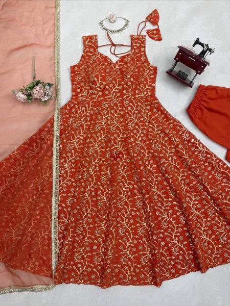 Sun Kissed Orange Georgette Party Wear Embroidered Gown With Plazzo And Dupatta Ready To Wear Collection