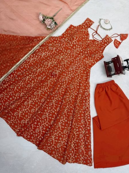 Sun Kissed Orange Georgette Party Wear Embroidered Gown With Plazzo And Dupatta Ready To Wear Collection