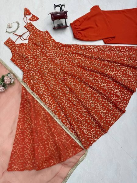 Sun Kissed Orange Georgette Party Wear Embroidered Gown With Plazzo And Dupatta Ready To Wear Collection