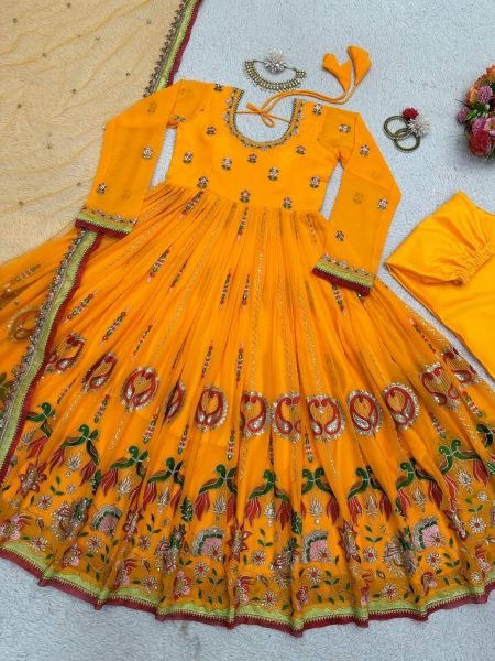 Sun yellow Color Georgette Seuqence Work Gown Pant With Dupatta  Ready To Wear Collection