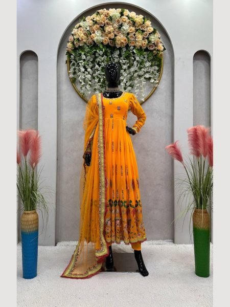 Sun yellow Color Georgette Seuqence Work Gown Pant With Dupatta  Ready To Wear Collection