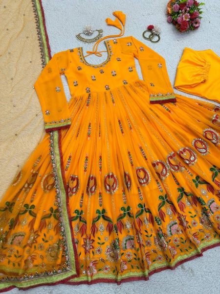 Sun yellow Color Georgette Seuqence Work Gown Pant With Dupatta  Ready To Wear Collection