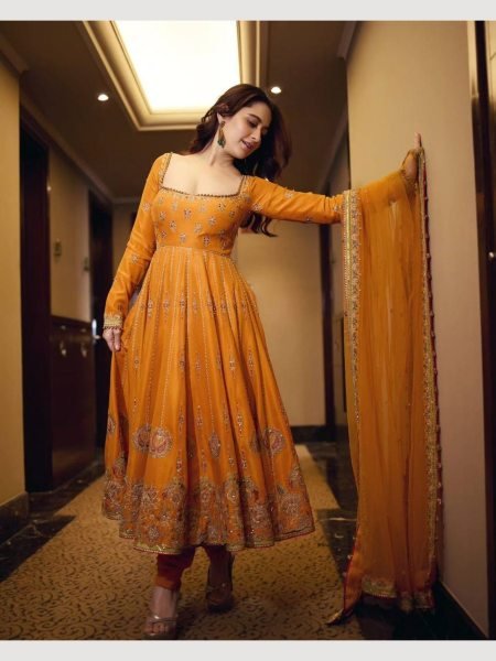 Sun yellow Color Georgette Seuqence Work Gown Pant With Dupatta  Ready To Wear Collection