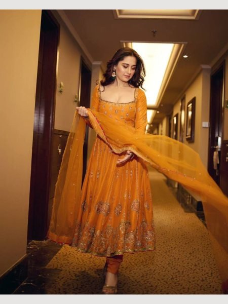 Sun yellow Color Georgette Seuqence Work Gown Pant With Dupatta  Ready To Wear Collection
