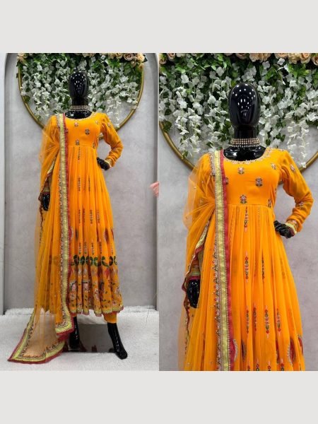 Sun yellow Color Georgette Seuqence Work Gown Pant With Dupatta  Ready To Wear Collection