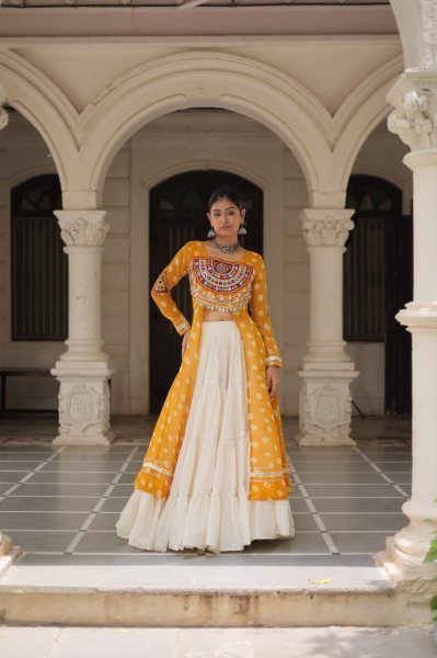 Sun Yellow Faux Georgette Kurti with Embroidered Cotton Lehenga Festive Navratri Wear Navratri Collection