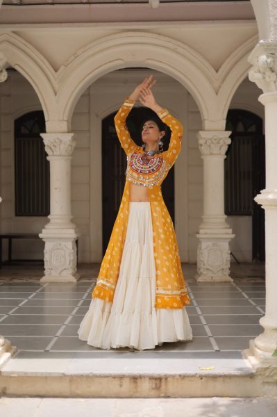 Sun Yellow Faux Georgette Kurti with Embroidered Cotton Lehenga Festive Navratri Wear Navratri Collection