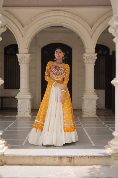 Sun Yellow Faux Georgette Kurti with Embroidered Cotton Lehenga Festive Navratri Wear Navratri Collection