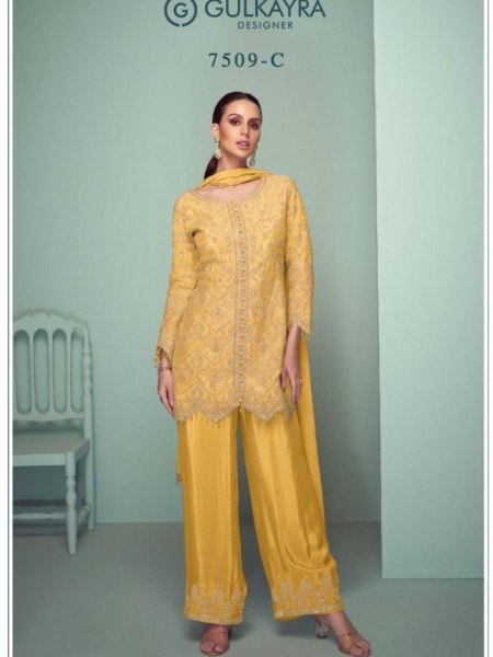 SunAura Chinon Suit Set Haldi Yellow Palazzo Outfit with Embroidered Dupatta Set Salwar Kameez