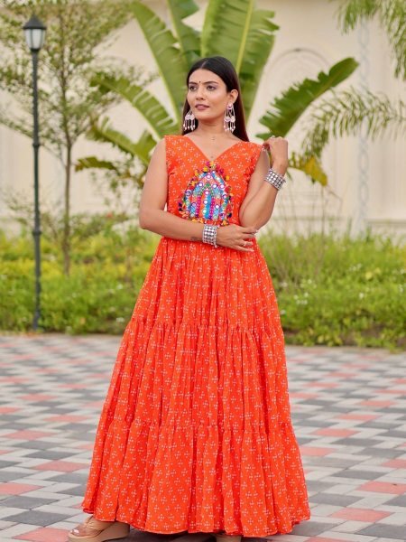 Sunflare Orange Fox Georgette Real Mirror Work Gown for Navratri Nights 