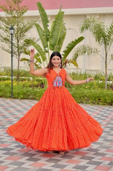 Sunflare Orange Fox Georgette Real Mirror Work Gown for Navratri Nights Navratri Collection