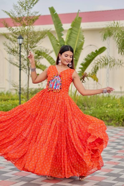 Sunflare Orange Fox Georgette Real Mirror Work Gown for Navratri Nights Navratri Collection