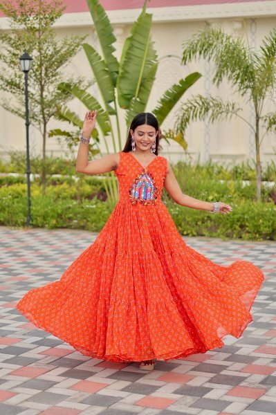 Sunflare Orange Fox Georgette Real Mirror Work Gown for Navratri Nights Navratri Collection
