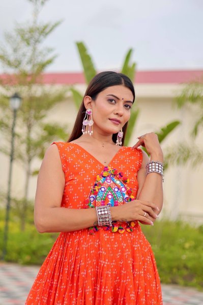 Sunflare Orange Fox Georgette Real Mirror Work Gown for Navratri Nights Navratri Collection