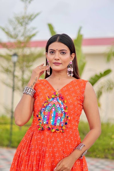Sunflare Orange Fox Georgette Real Mirror Work Gown for Navratri Nights Navratri Collection