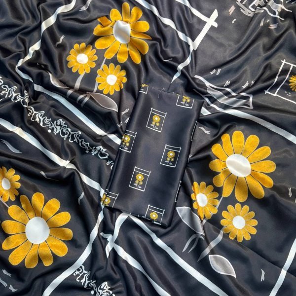 Sunflower Print Japan Satin Crepe Saree Soft    Elegant for Everyday Glam Bollywood Fancy Sarees Wholesale