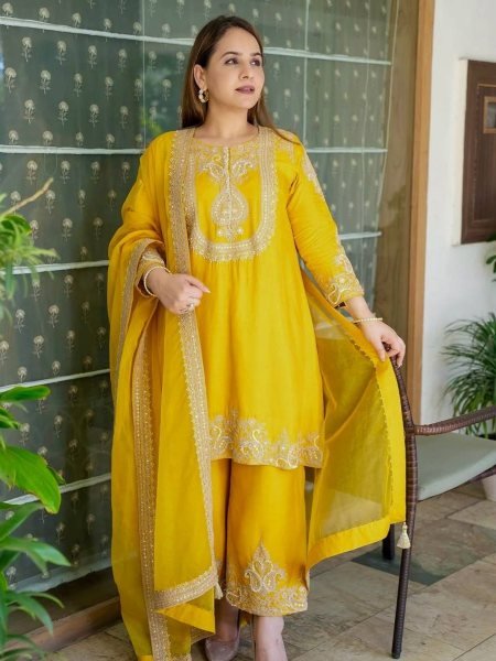 Sunflower Yellow Designer Chinon Silk Embroidery Sharara Suit Haldi Ceremony Outfit Ready To Wear Suit