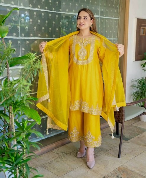 Sunflower Yellow Designer Chinon Silk Embroidery Sharara Suit Haldi Ceremony Outfit Ready To Wear Collection