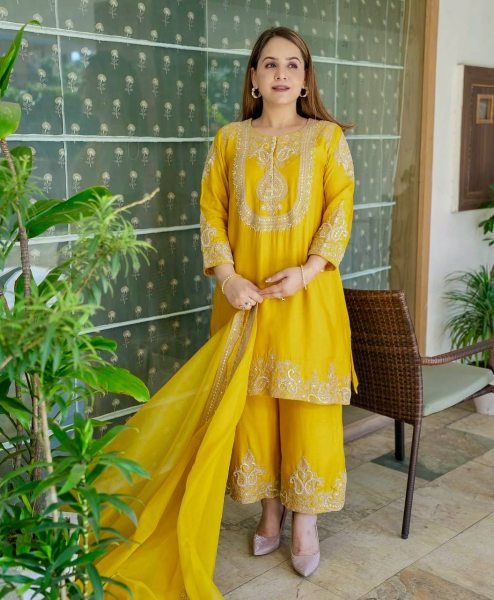 Sunflower Yellow Designer Chinon Silk Embroidery Sharara Suit Haldi Ceremony Outfit Ready To Wear Collection