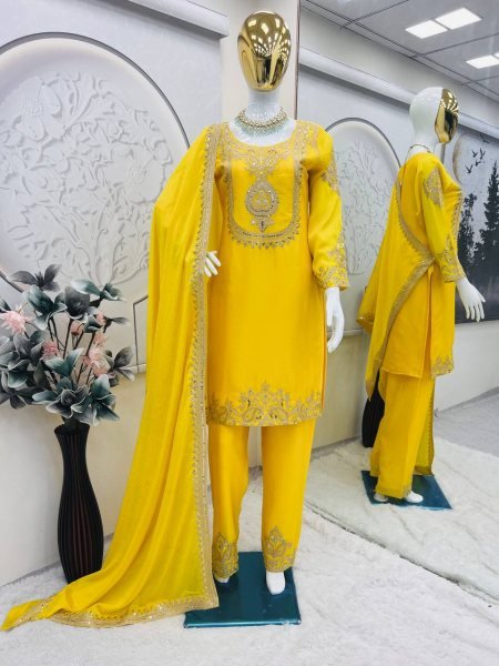 Sunflower Yellow Designer Chinon Silk Embroidery Sharara Suit Haldi Ceremony Outfit Ready To Wear Collection