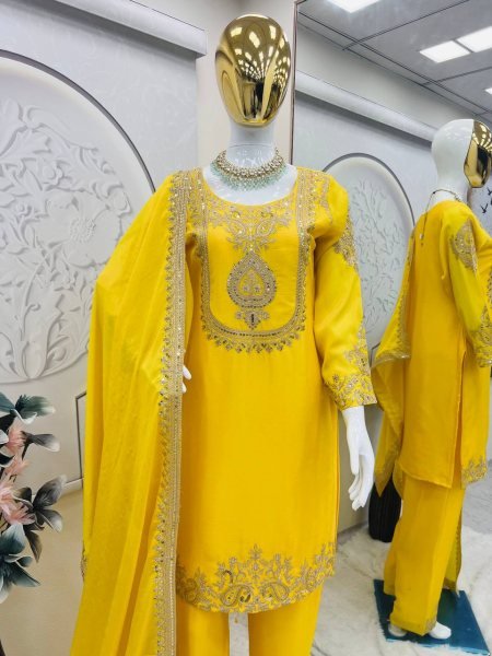 Sunflower Yellow Designer Chinon Silk Embroidery Sharara Suit Haldi Ceremony Outfit Ready To Wear Collection