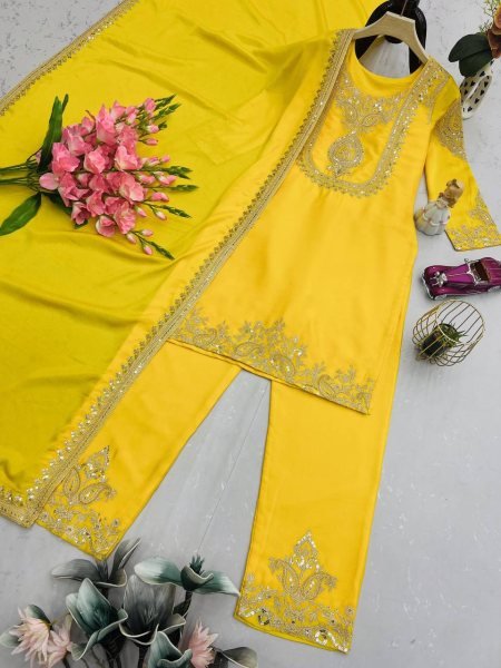 Sunflower Yellow Designer Chinon Silk Embroidery Sharara Suit Haldi Ceremony Outfit Ready To Wear Collection