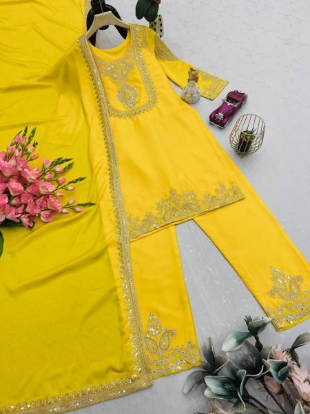 Sunflower Yellow Designer Chinon Silk Embroidery Sharara Suit Haldi Ceremony Outfit Ready To Wear Collection