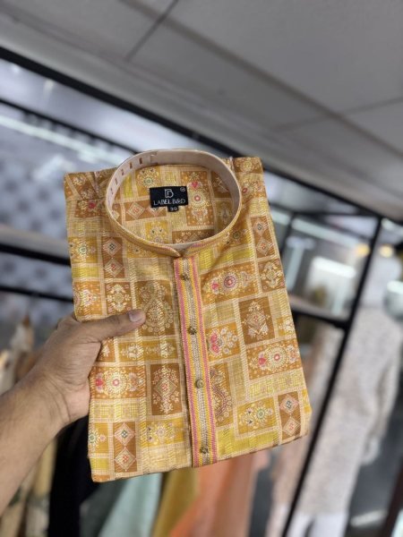Sunlit Geometric Printed Mens Kurta with Mandarin Collar and Pintex Detailing Mens Wear