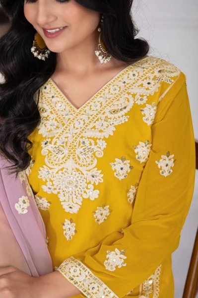 Sunlit Glam in Mustard Yellow Palazzo Suit Embroidered Georgette 3Pc Set for Festive Looks Embroidery Kurtis 