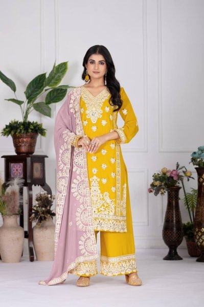 Sunlit Glam in Mustard Yellow Palazzo Suit Embroidered Georgette 3Pc Set for Festive Looks Embroidery Kurtis 