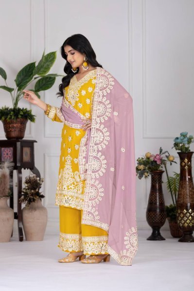 Sunlit Glam in Mustard Yellow Palazzo Suit Embroidered Georgette 3Pc Set for Festive Looks Embroidery Kurtis 