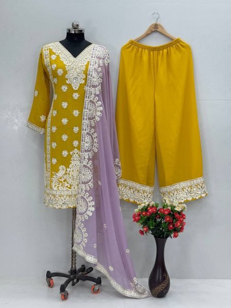 Sunlit Glam in Mustard Yellow Palazzo Suit Embroidered Georgette 3Pc Set for Festive Looks Embroidery Kurtis 