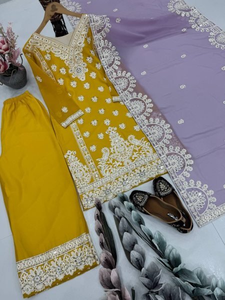 Sunlit Glam in Mustard Yellow Palazzo Suit Embroidered Georgette 3Pc Set for Festive Looks Embroidery Kurtis 