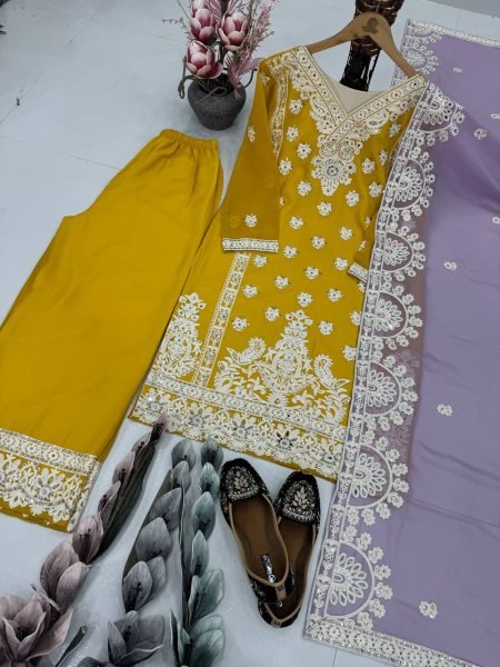 Sunlit Glam in Mustard Yellow Palazzo Suit Embroidered Georgette 3Pc Set for Festive Looks Embroidery Kurtis 