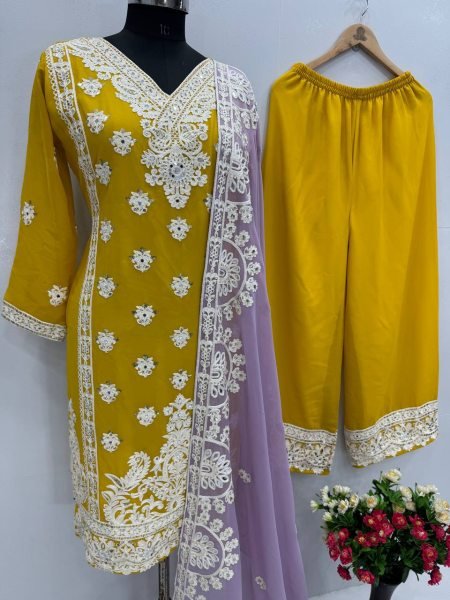 Sunlit Glam in Mustard Yellow Palazzo Suit Embroidered Georgette 3Pc Set for Festive Looks Embroidery Kurtis 