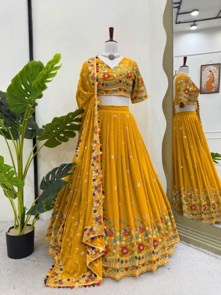 Sunlit Yellow Georgette Lehenga Set Luxe Embroidery with Designer Dupatta for Haldi Glam Designer Lehenga Choli