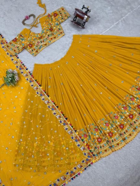 Sunlit Yellow Georgette Lehenga Set Luxe Embroidery with Designer Dupatta for Haldi Glam Designer Lehenga Choli