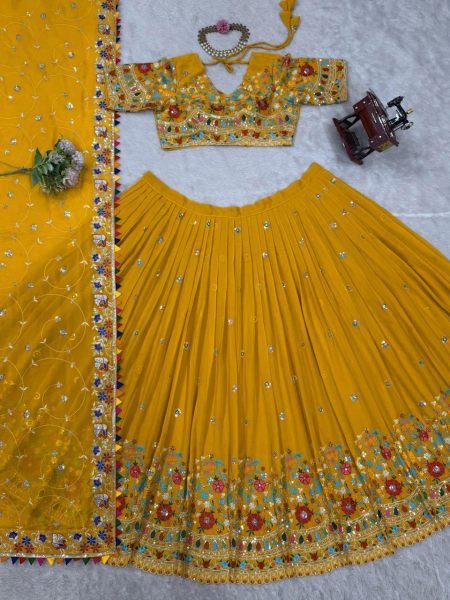 Sunlit Yellow Georgette Lehenga Set Luxe Embroidery with Designer Dupatta for Haldi Glam Designer Lehenga Choli