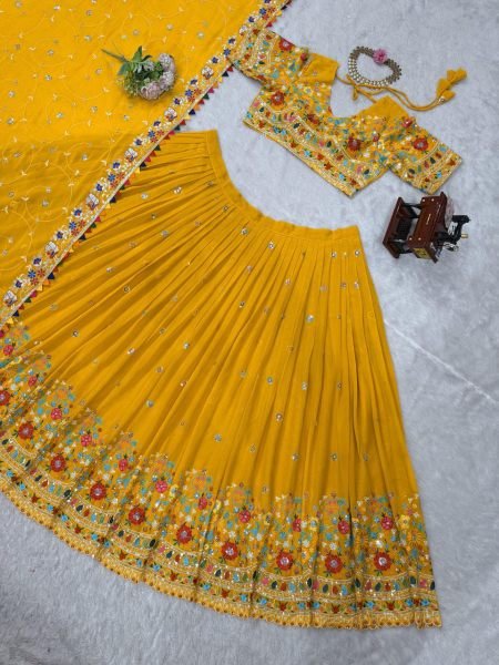 Sunlit Yellow Georgette Lehenga Set Luxe Embroidery with Designer Dupatta for Haldi Glam Designer Lehenga Choli