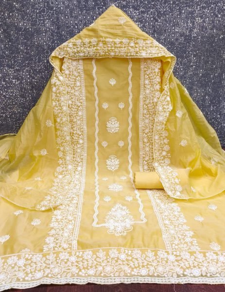 Sunlit Yellow heavy chanderi embroidery Suit with Dupatta at Manufacturer Rate Color Set Matching Dress Material Wholesale